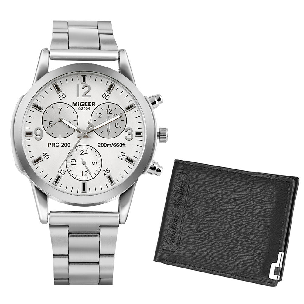 Reloj y Cartera para Hombre Men's Watch Wallet Set Men's Quartz Stainless Steel Wristwatch Black Purse Birthday Gift for Man montre homme silver