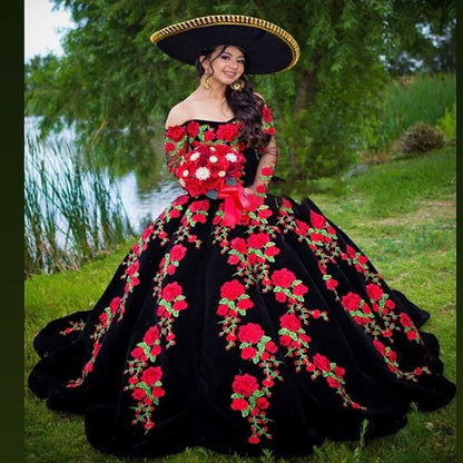 Products Vestido Charro de Quinceanera Princess Black Quinceanera Dress Mexican Style Off Shoulders Rose Flower Prom Dress Long Sleeve Ball Gown