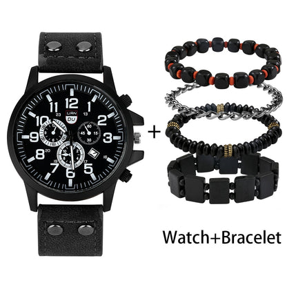 Reloj y Pulseras para hombre Men's Watch bracelets Set Fashion Wristwatch Set for Father Birthday Present Exquisite Father's Day Gift Watch Bracelet to Dad Leather Watch with Calendar set