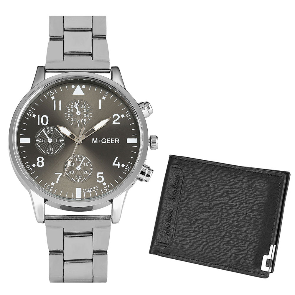 Reloj y Cartera para Hombre Men's Watch Wallet Set Men's Quartz Stainless Steel Wristwatch Black Purse Birthday Gift for Man montre homme pewter