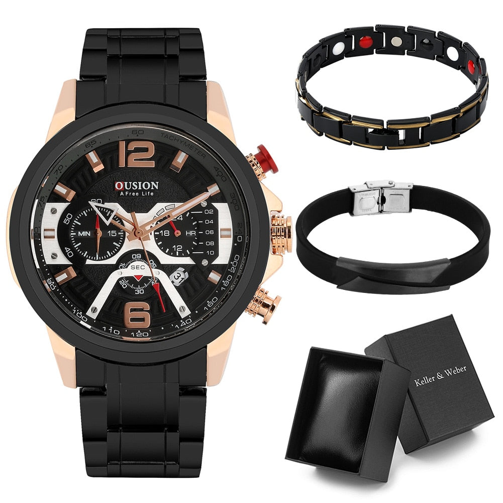 Reloj y Pulseras para hombre Men's Watch bracelets Set Black Steel Quartz Watches Best Father's Day Birthday Gifts for Men