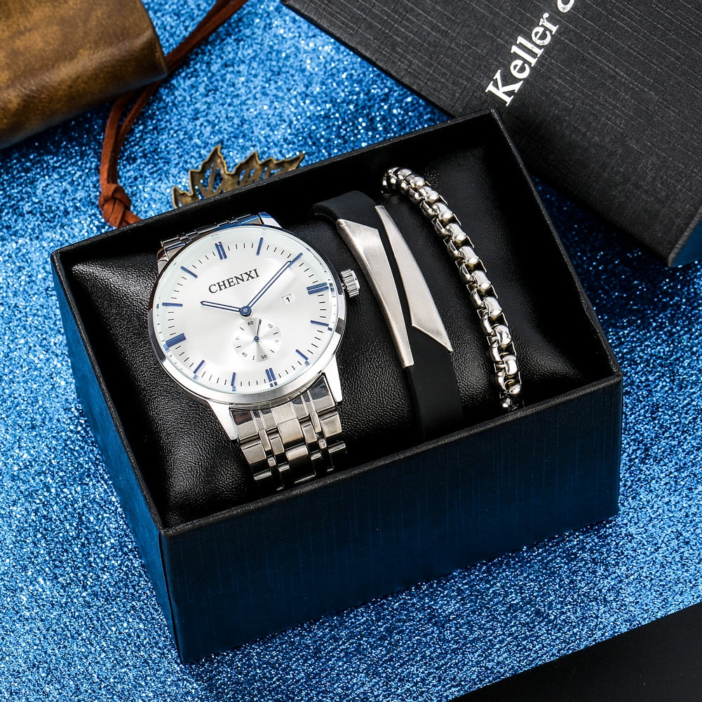 Reloj y Pulseras para hombre Men's Watch bracelets Set Full Steel Watch with Bracelets Best Birthday Gift to Man