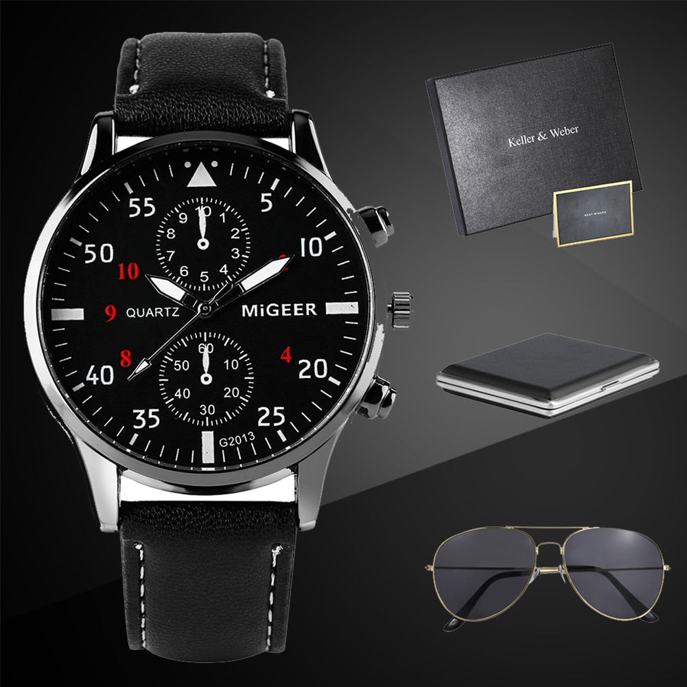 Watch Gift Set Practical Leather Quartz Wristwatch and Sunglasses Gift Box for Men montre homme
