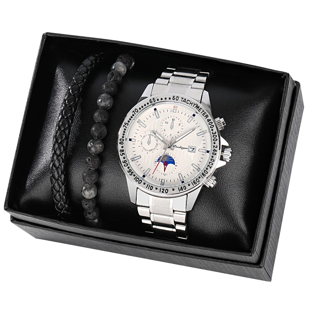Reloj y Pulseras para hombre Men's Watch bracelets Set Gift Set for Men Waterproof Date Quartz Watch to Boyfriend Bracelet Watches Creative Gift Box black silver white