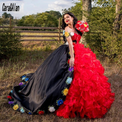 Quinceanera Dress Charro Black And Red  3D Floral Applique Prom Gowns Vestido De 15 Años