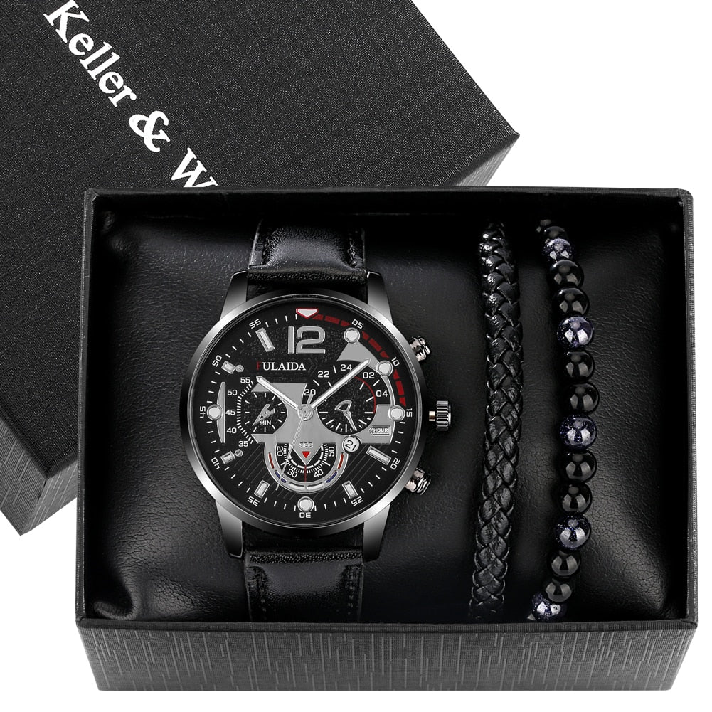 Reloj y Pulseras para hombre Men's Watch bracelets Set Quartz Leather Calendar Wristwatch Bracelet Gift set presente para homens