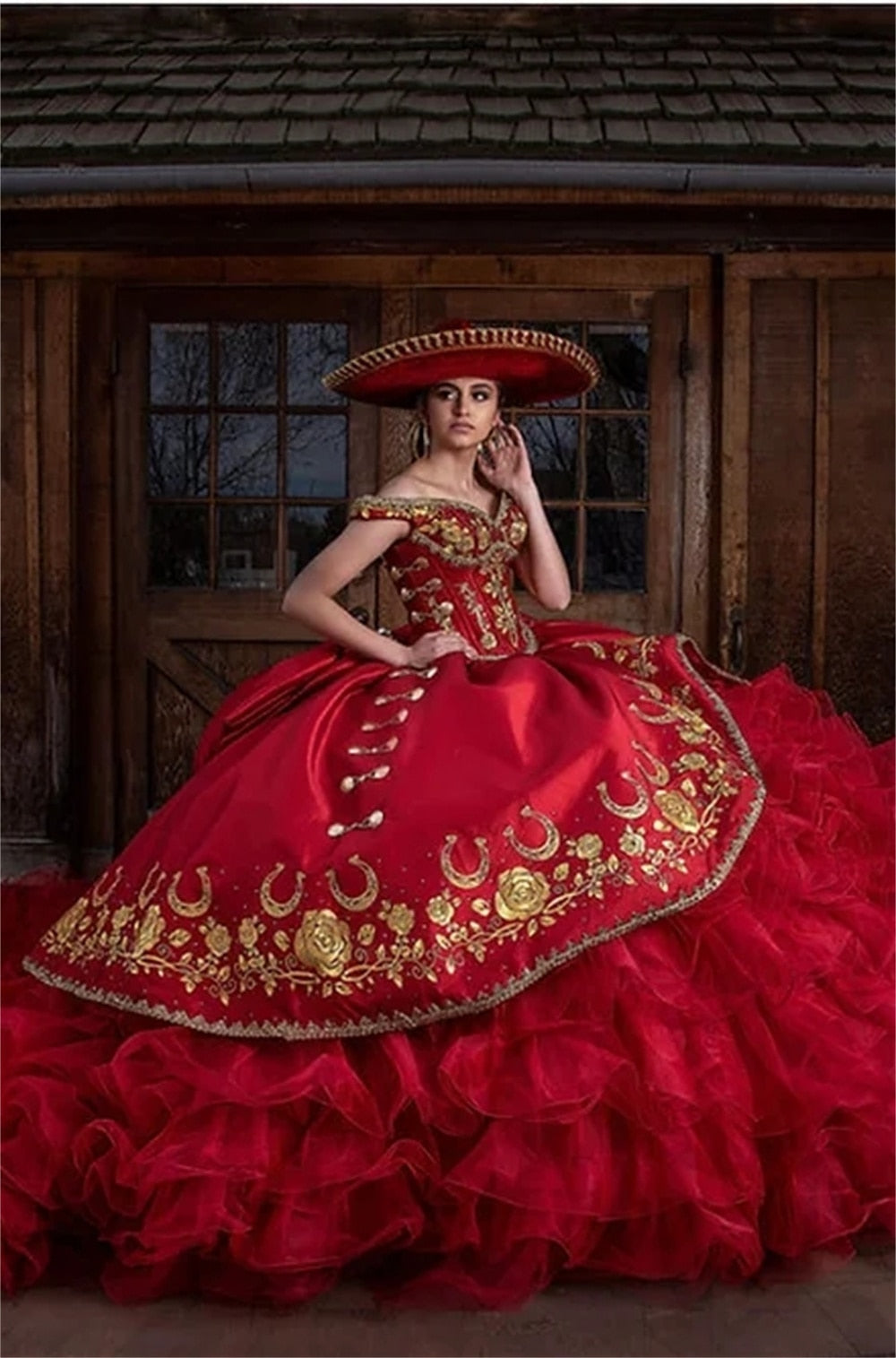 Vestido Charro de Quinceanera Red Ball Gown Dress Quinceanera