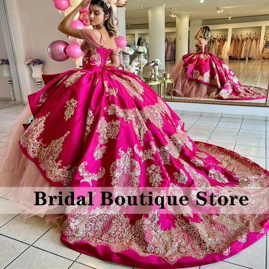 Quinceanera Dress Mexican  Princess Off Shoulder Golden Appliques Crystal Beads Pearls Sweet 15 16 Dress Prom Gowns