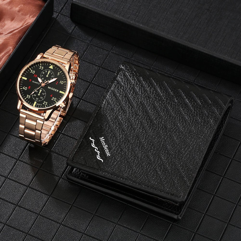 Reloj y Cartera para Hombre Men's Watch Wallet Set Men's Business Stainless Steel Watch Classic Black Leather Wallet Utility Gift Box Set Anniversary Gifts for Boyfriend rose gold black