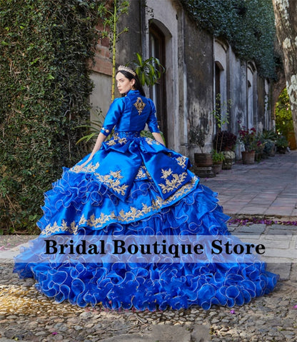 Quinceanera Dress Royal Blue Mexi Princess Princess With Jacket Bow Off Shoulder Appliques