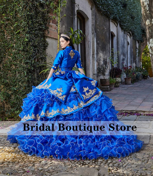 Quinceanera Dress Royal Blue Mexi Princess Princess With Jacket Bow Off Shoulder Beads Sequins Appliques Crystals