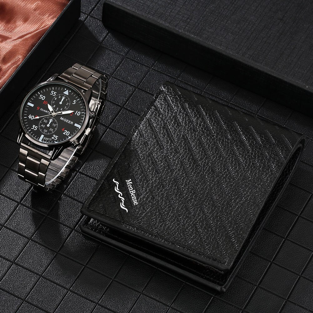 Reloj y Cartera para Hombre Men's Watch Wallet Set Men's Business Stainless Steel Watch Classic Black Leather Wallet Utility Gift Box Set Anniversary Gifts for Boyfriend black close view