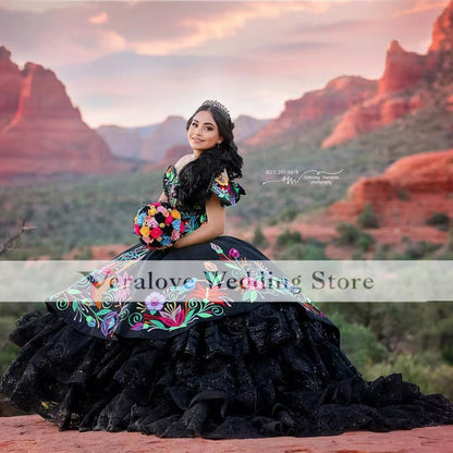 Mexican Quinceanera Dress Charro Vestidos De 15 Años Black Ruffles Embroidery Lace Mexican XV Girls Pageant Gowns Prom Dress