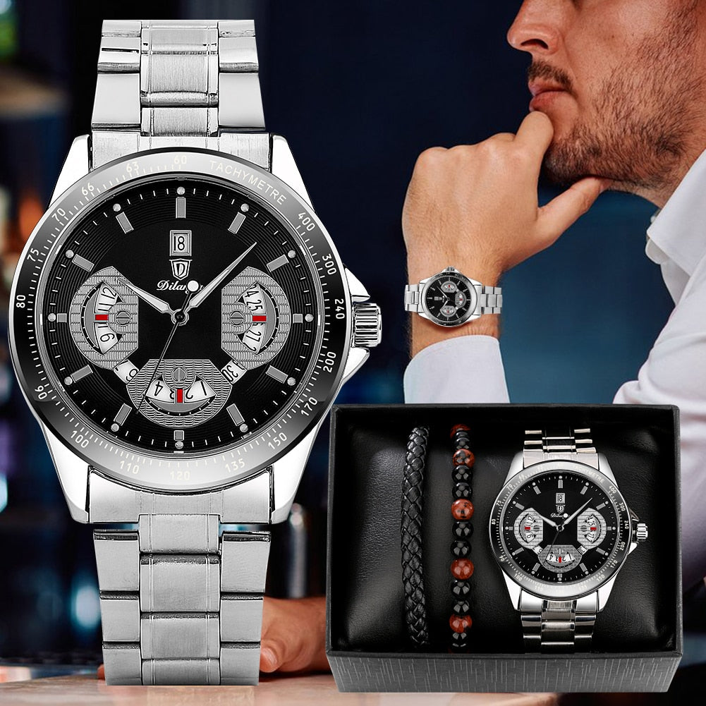 Reloj y Pulseras para hombre Men's Watch bracelets Set Men Watches Quartz Watch with Calendar Dial Full Steel Clock for Man Bracelet Gift Set cadeau pour homme silver black