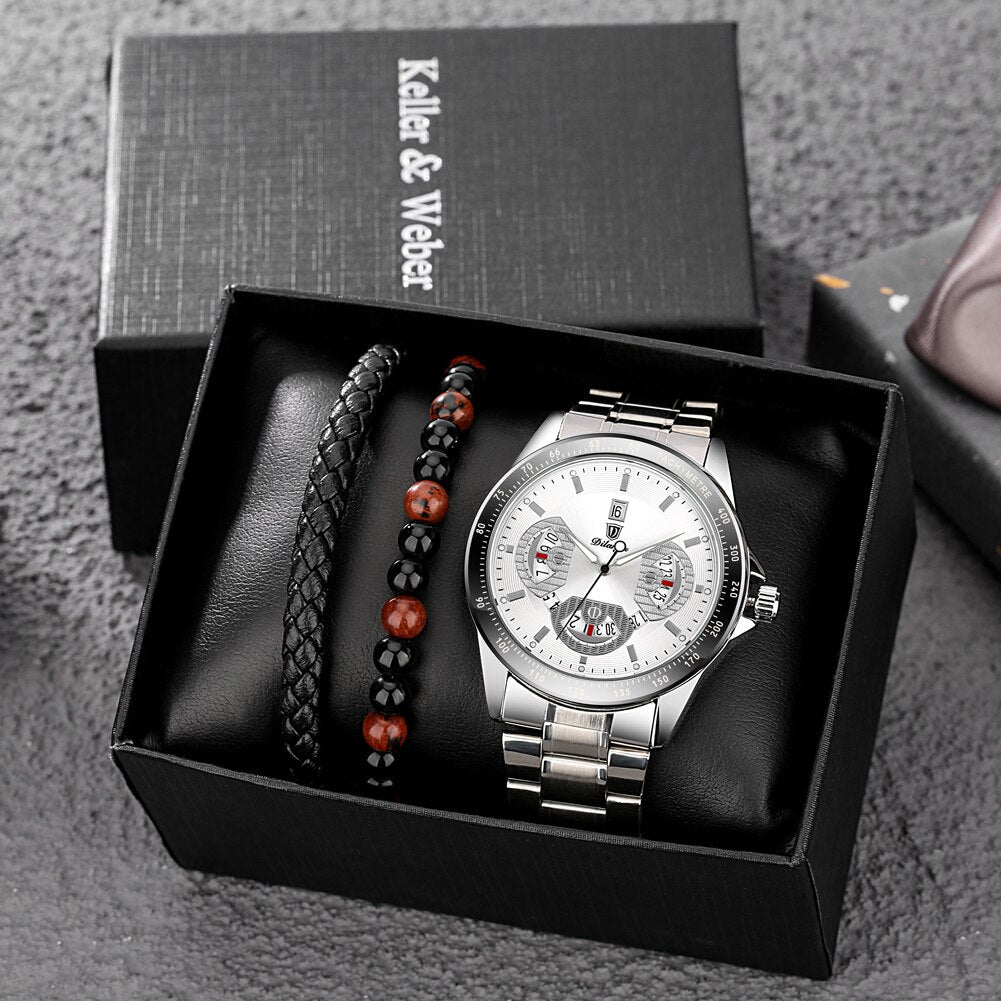 Reloj y Pulseras para hombre Men's Watch bracelets Set Men Watches Quartz Watch with Calendar Dial Full Steel Clock for Man Bracelet Gift Set cadeau pour homme silver white black box view