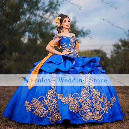 Mexican Quinceanera Dress Sweet 16 Royal Blue Off Shoulder Satin vestido de Quince Lace Beads Girls XV Prom Gowns
