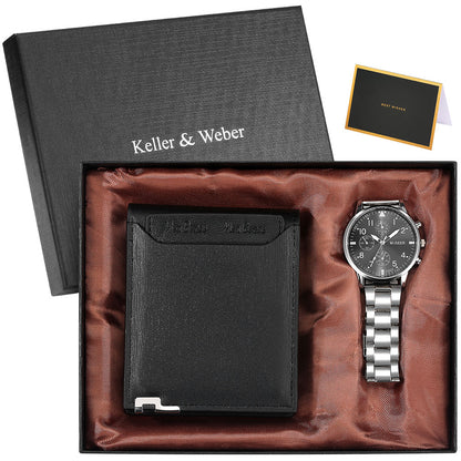 Reloj y Cartera para Hombre Men's Watch Wallet Set Men's Quartz Stainless Steel Wristwatch Black Purse Birthday Gift for Man montre homme silver with box
