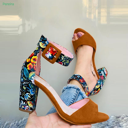 Women Heels Mixed Colors Prin Sandals Women's Buckle Round Toe Hollow Chunky Heel Summer New Arrival Fashion Confortable Sweet Shoes