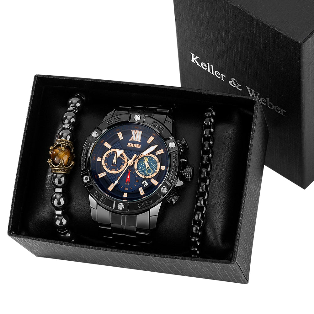 Reloj y Pulseras para hombre Men's Watch bracelets Set Quartz Watch for Men with Elastic Bracelets Gifts for Boyfriend
