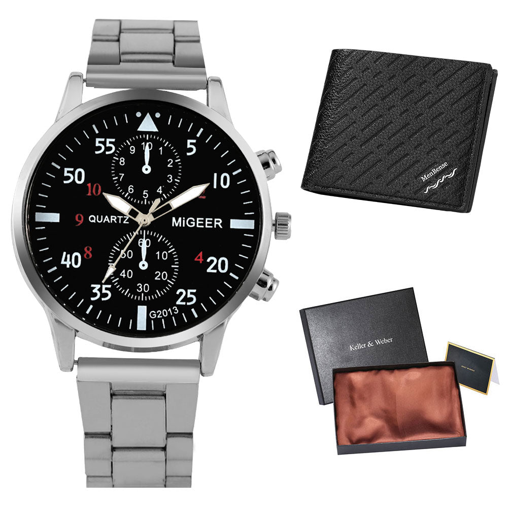 Reloj y Cartera para Hombre Men's Watch Wallet Set Men's Business Stainless Steel Watch Classic Black Leather Wallet Utility Gift Box Set Anniversary Gifts for Boyfriend silver black set view