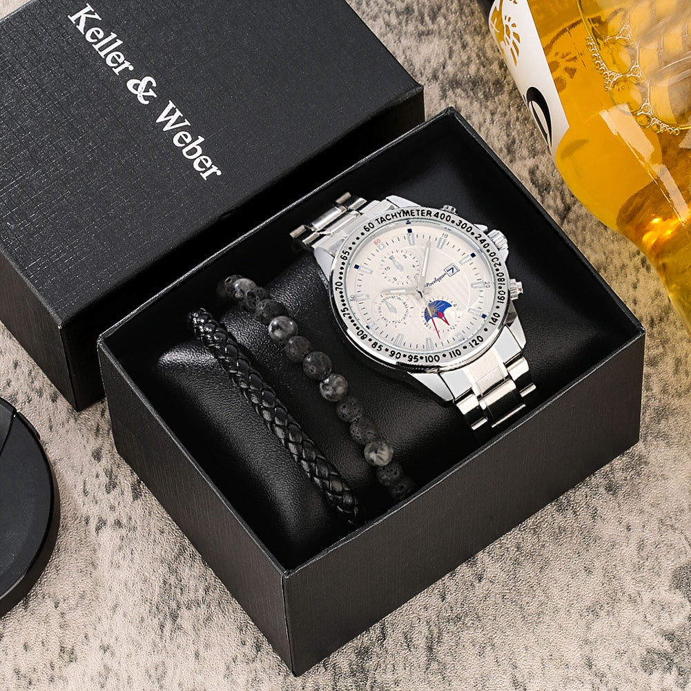 Reloj y Pulseras para hombre Men's Watch bracelets Set Gift Set for Men Waterproof Date Quartz Watch to Boyfriend Bracelet Watches Creative Gift Box silver white black