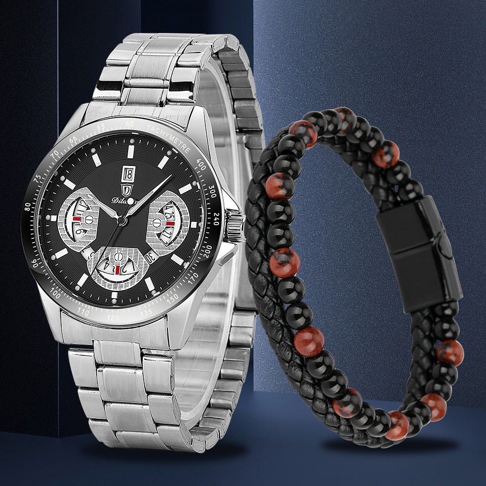 Reloj y Pulseras para hombre Men's Watch bracelets Set Men Watches Quartz Watch with Calendar Dial Full Steel Clock for Man Bracelet Gift Set cadeau pour homme silver black close up