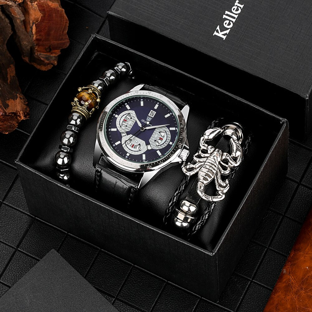 Watch Gift Set for Men Quartz Date Leather Watch Male Elastic Bracelets Christmas New Year Gifts Box