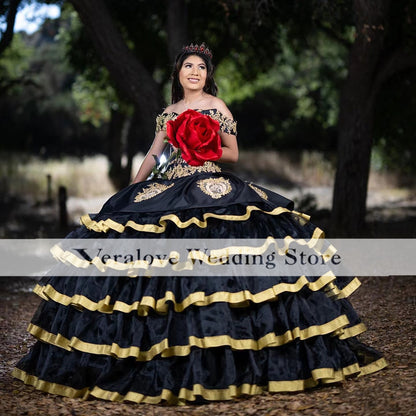 Quinceanera Dress Black Tiered Tulle Ball Gown Mexican Princess Masquerade Sweet 16 Prom Dress